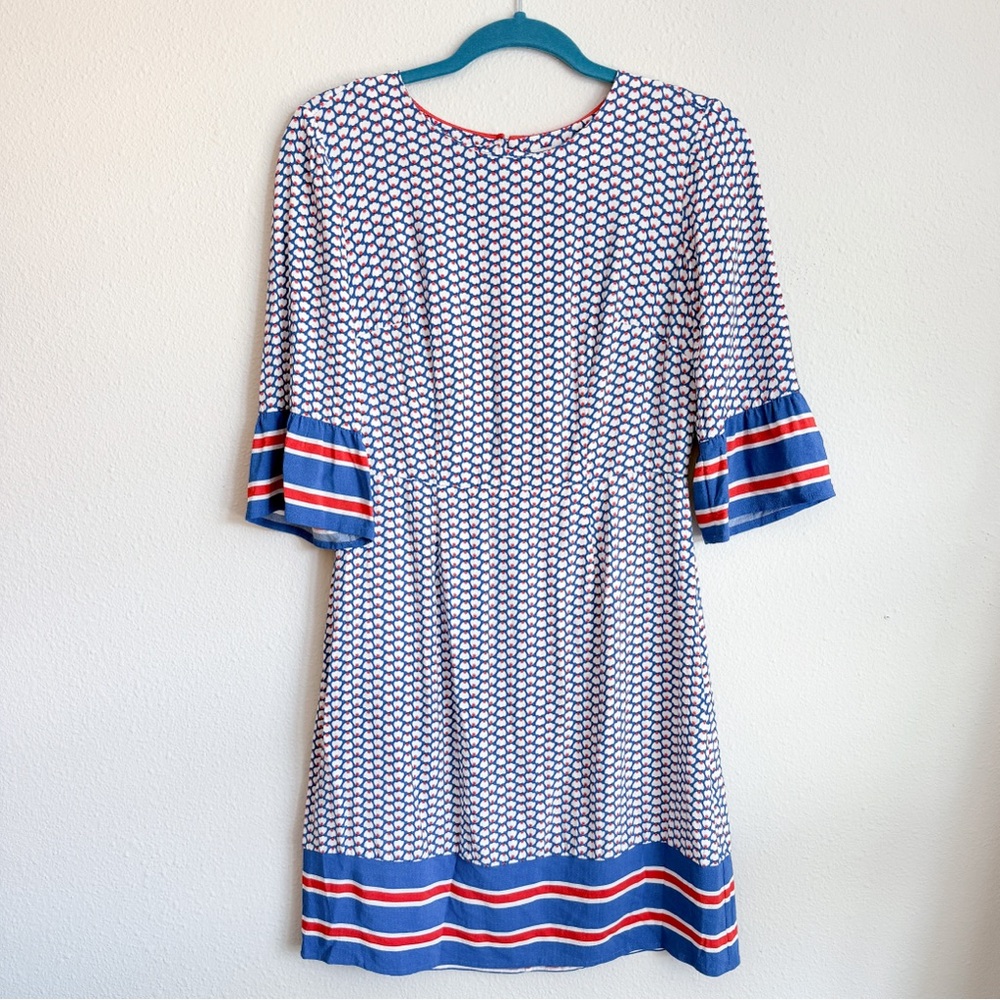 Boden Blue White & Red Geometric Floral Dress with 3/4 Length Sleeves | Size 4